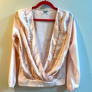 Charlotte Russe Pink Long-Sleeved Blouse w/Draped Neck and Sequins size Small